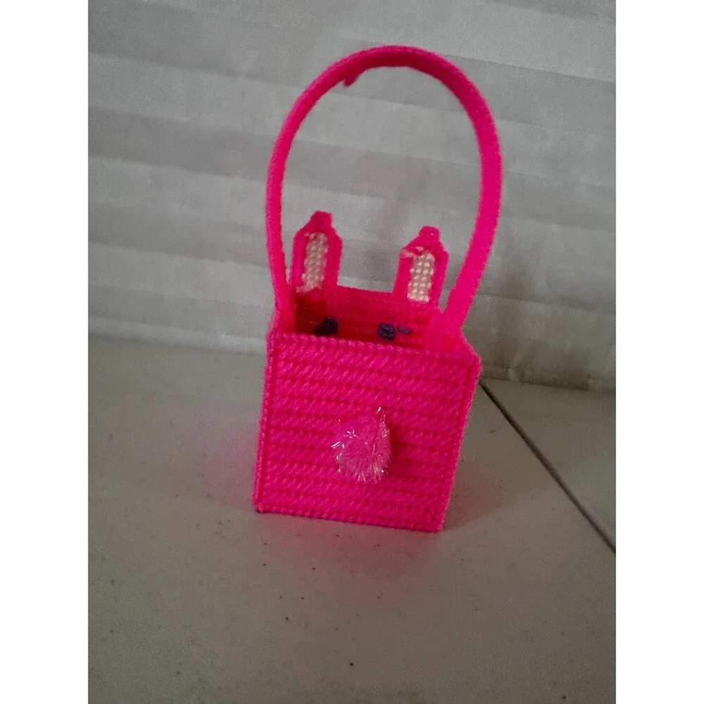 Mini Easter Basket with Pink Bunny – Colorful Plastic Canvas Handmade Gift